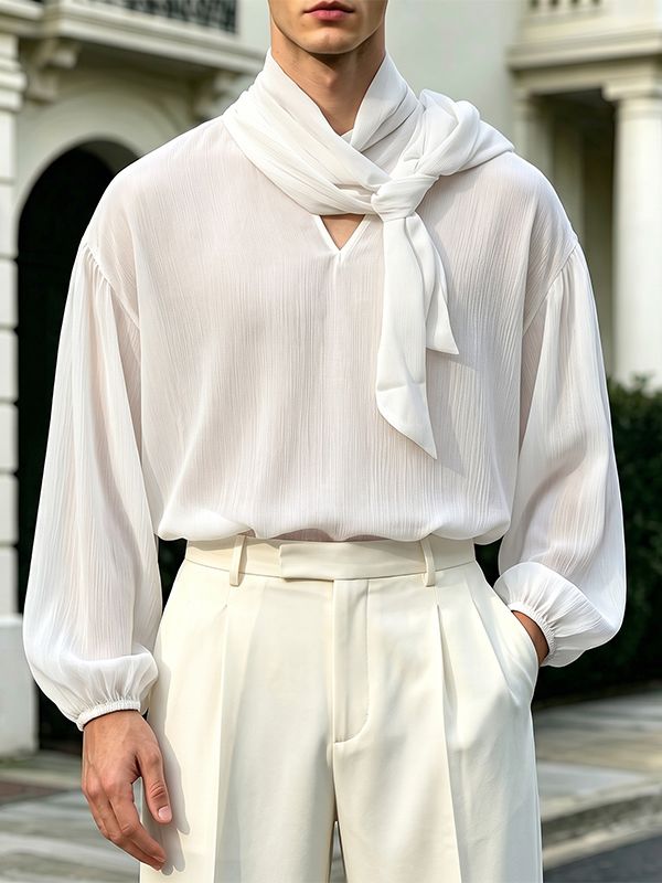 Men's Retro Party Wrapped Scarf Tie Bishop Lantern Long Sleeve Ascot Collar Shirt SKUL81164
