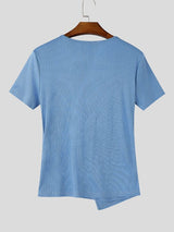 Men's Avant-Garde Deconstructed Asymmetric Slanted Button V-Neck Ribbed Fitted Short Sleeve T-shirt SKUL72643