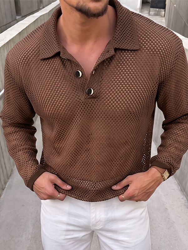 Men's Sexy Beach Vacation See-Through Fishnet Mesh Knit Long Sleeve Polo Collar Shirt SKUL83117