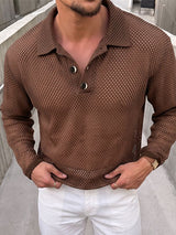 Men's Sexy Beach Vacation See-Through Fishnet Mesh Knit Long Sleeve Polo Collar Shirt SKUL83117