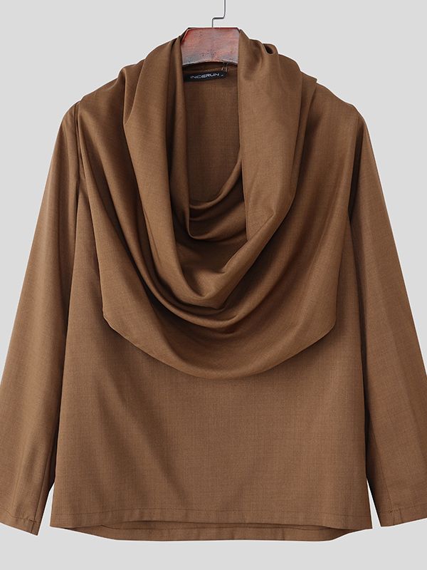 Men's Solid Color Draped Collar Long Sleeve Shirt SKUL36353