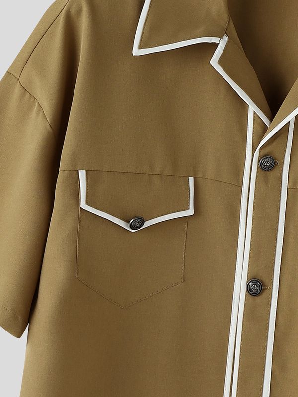 Men's Retro Camp Collar Piping Detail Boxy Short Sleeve Shirt SKUL60610