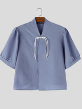 Men's New Chinese Style Textured Frog-Button Puff-Sleeve Shirt SKUL59571