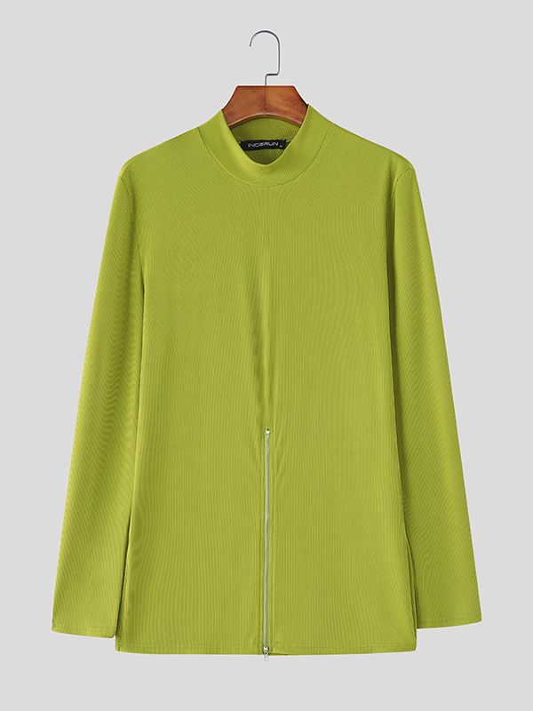 Men's Textured Half Zip High Neck Long Sleeve T Shirt SKUL37307