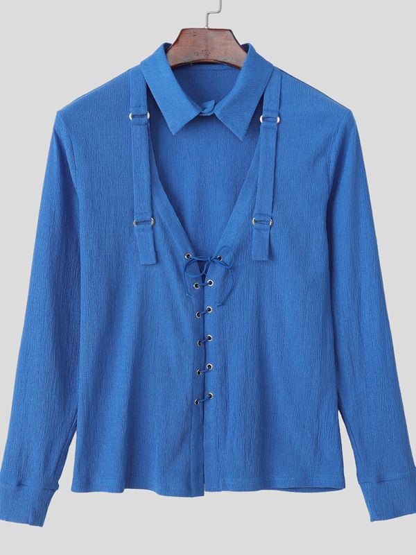 Men's Cut-Out Drawstring Eyelet Long Sleeve Shirt SKUL38657