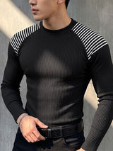 Men's Clean Fit Contrast Stripe Raglan Sleeve Muscle Knit T-shirt SKUL77515