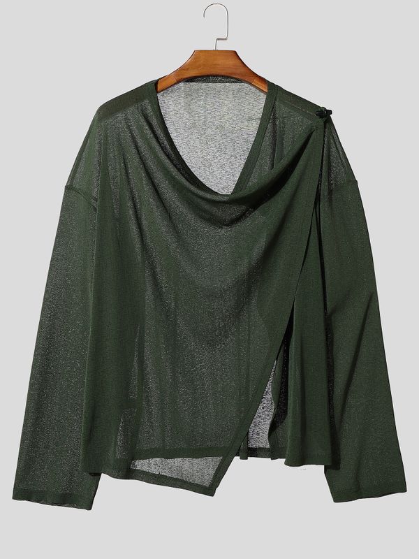Men's Avant-Garde Asymmetrical Draped Cowl Neck Semi-Sheer T-shirt SKUL77324