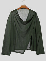 Men's Avant-Garde Asymmetrical Draped Cowl Neck Semi-Sheer T-shirt SKUL77324