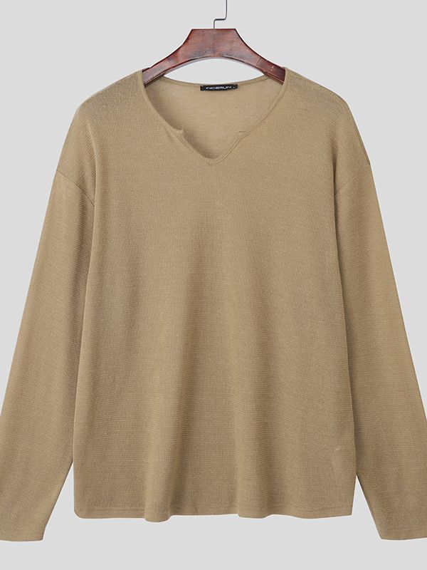 Men's Solid Color Minimalist U-Neck Long Sleeve T-Shirt SKUL43882