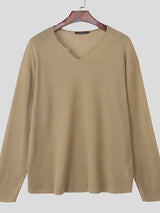 Men's Solid Color Minimalist U-Neck Long Sleeve T-Shirt SKUL43882