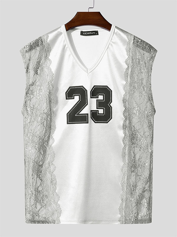 Men's Number Print Lace Patchwork Tank SKUL22796