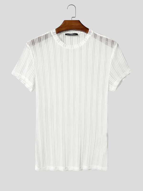 Men's Avant-Garde Translucent Vertical Stripe Glitter Mesh Fitted Short Sleeve T-shirt SKUL72711