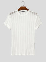 Men's Avant-Garde Translucent Vertical Stripe Glitter Mesh Fitted Short Sleeve T-shirt SKUL72711