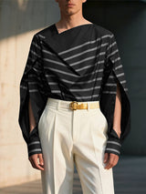 Men's Striped Print Off Shoulder Long Sleeve Shirt SKUL48583