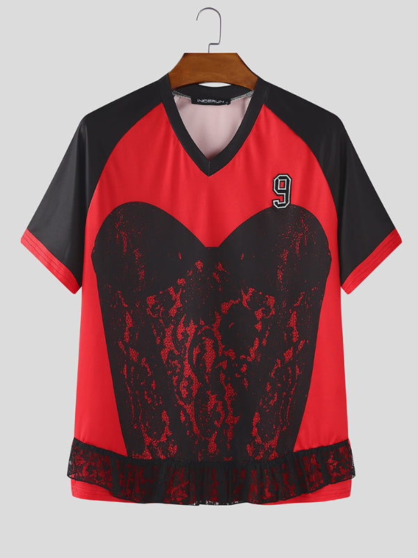 Men's Number Print Lace Colorblock Short Sleeve T-Shirt SKUL20277