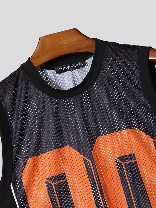 Men's High Street Retro Americana Mesh Translucent Number Graphic Slim Fitted Muscle Tank SKUL56150