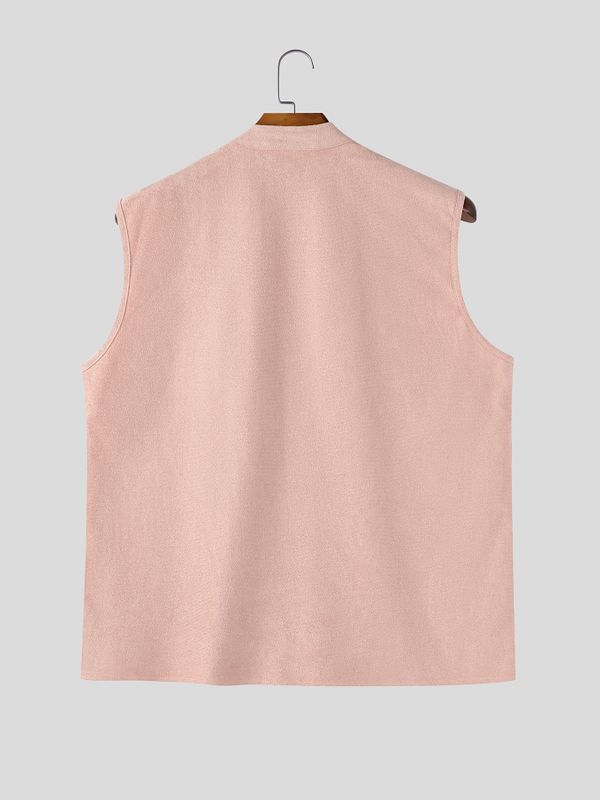 Men's Retro Resort Floral Print Faux Suede Split V-Neck Sleeveless Stand Collar Shirt SKUL78247