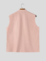 Men's Retro Resort Floral Print Faux Suede Split V-Neck Sleeveless Stand Collar Shirt SKUL78247