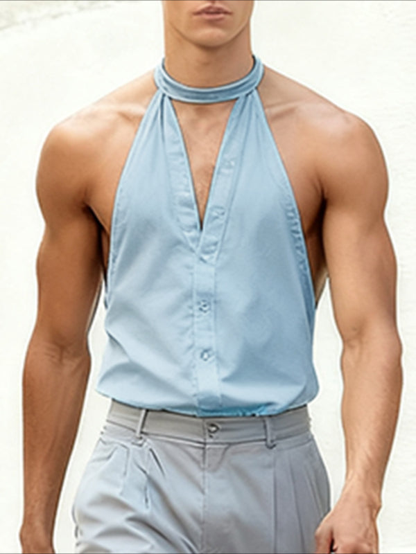 Men's Solid Color Halter Casual Sleeveless Shirt SKUL46164