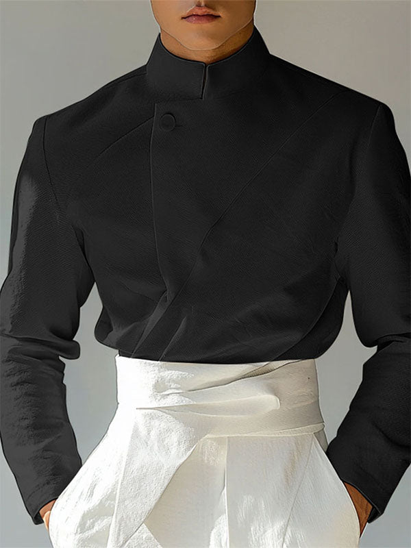 Mens Textured Stand Collar Long Sleeve Shirt SKUK99994