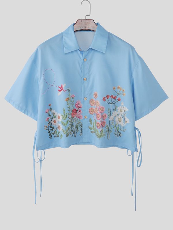 Men's Floral Print Side-Tie Ribbon Details Short Sleeve Shirt SKUL52628