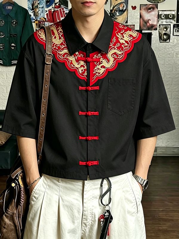 Men's Modern Chinoiserie Dragon Embroidery Frog Button Cuban Collar Short Sleeve Shirt SKUL56078