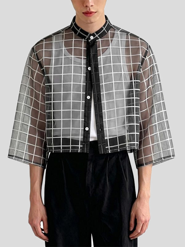 Men's Avant-Garde Sheer Organza Plaid Stand Collar Cropped 3/4 Sleeve Shirt SKUL63171