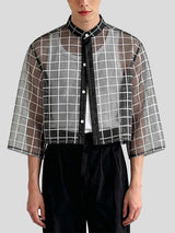 Men's Avant-Garde Sheer Organza Plaid Stand Collar Cropped 3/4 Sleeve Shirt SKUL63171