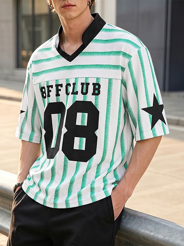 Men's American Streetwear Blokecore Striped Number Print Contrast Dropped Shoulder Short Sleeve Shirt SKUL69691