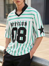 Men's American Streetwear Blokecore Striped Number Print Contrast Dropped Shoulder Short Sleeve Shirt SKUL69691