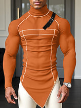 Men's Leather Buckle Patchwork Irregular Hem Long Sleeve T-Shirt SKUL30456