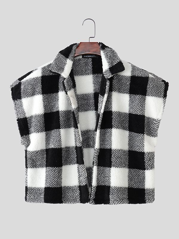 Men's Plaid Plush Cropped Casual Waistcoat SKUL32816
