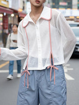 Men's Sheer Fine Mesh Contrast Trim Lace Up Long Sleeve Shirt SKUL48012