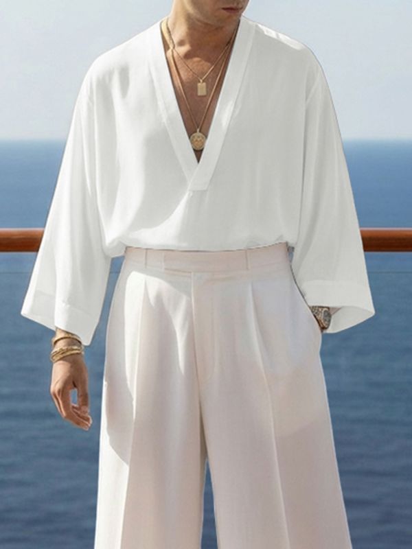 Men's Solid Color Deep V-Neck 3/4 Length Sleeve Shirt SKUL51929