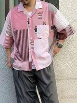 Men's Bear Print Striped Short Sleeve Shirt SKUL47706