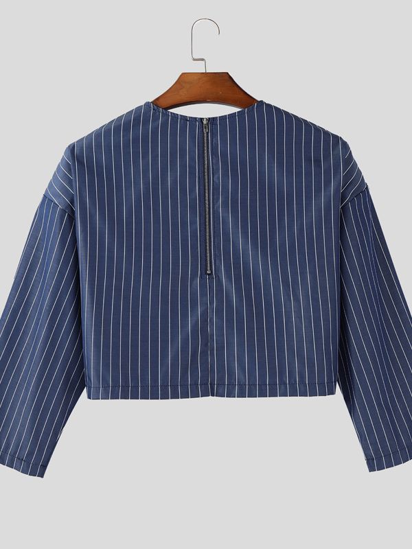 Men's Back Zipper Striped Cropped Shirt SKUL41259
