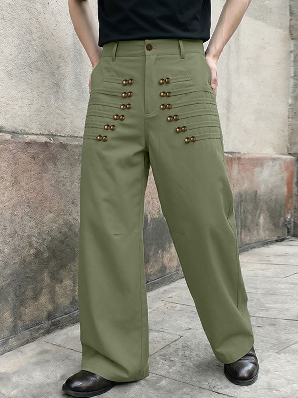 Men's Vintage Military Heavy Pintuck Double-Breasted Button High Waist Wide Leg Pant SKUL66968