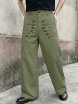 Men's Vintage Military Heavy Pintuck Double-Breasted Button High Waist Wide Leg Pant SKUL66968