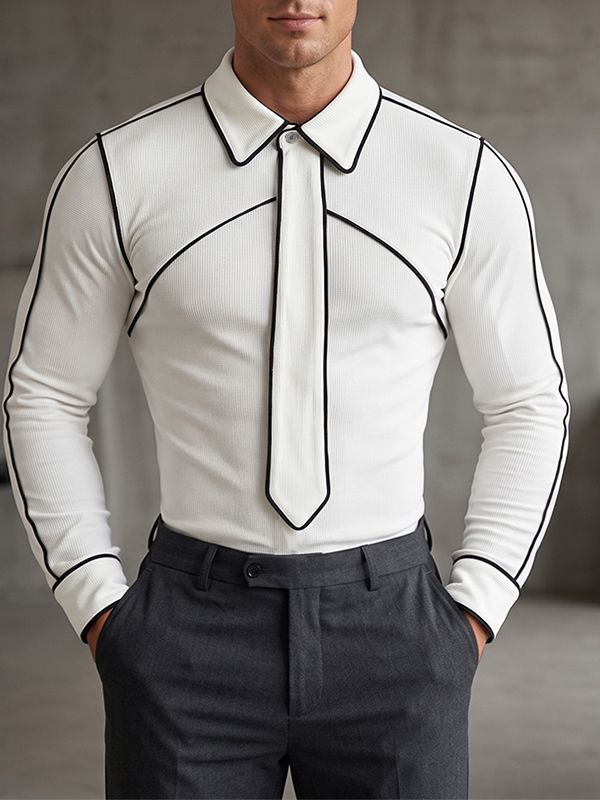 Men's Tie Patchwork Colorblock Texture Long Sleeve Shirt SKUL29721