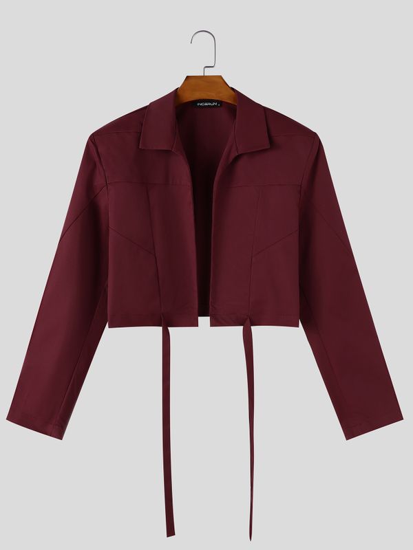 Men's Avant-Garde Runway Ultra Cropped Hanging Streamer Long Sleeve Lapel Collar Crop Jacket SKUL83120