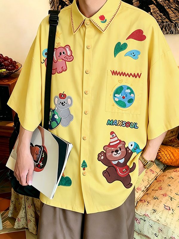 Men's Daily Casual Wear Cartoon Animal Print Oversized Casual Shirt SKUL59660