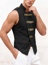 Men's Retro Stage Performance Military Frog Button Epaulet Pointed Hem Sleeveless Stand Collar Waistcoat SKUL84566