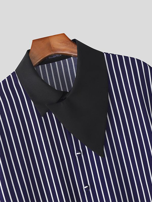 Men's Stripe Asymmetric Collar Long Sleeve Shirt SKUL42794