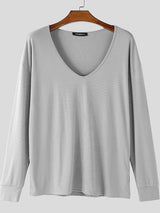 Men's Solid Color Textured Deep U Neck Long Sleeve T-shirt SKUL46286