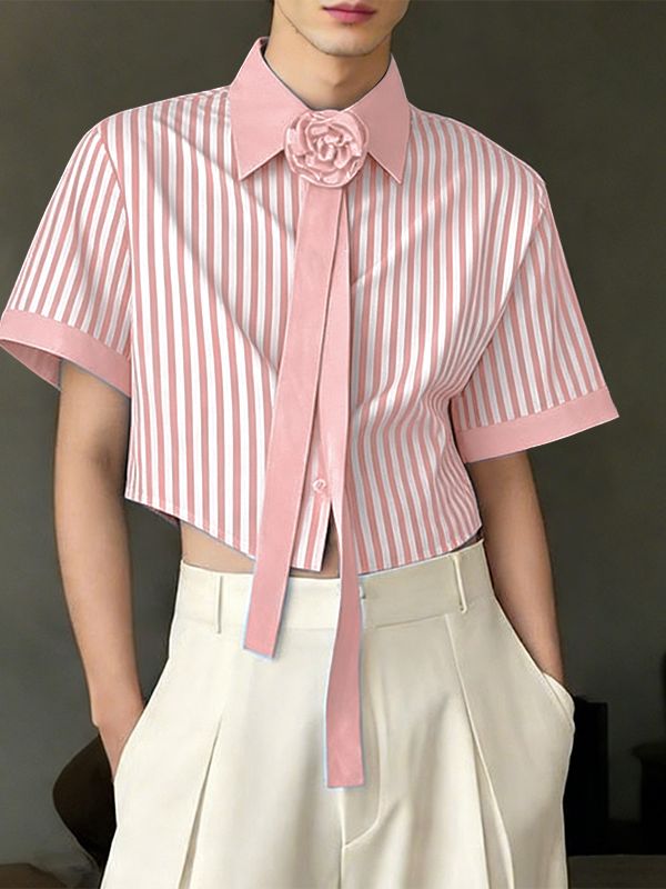 Men's Avant-Garde Cropped Pinstripe 3D Rose Necktie Shirt SKUL55388