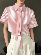 Men's Avant-Garde Cropped Pinstripe 3D Rose Necktie Shirt SKUL55388