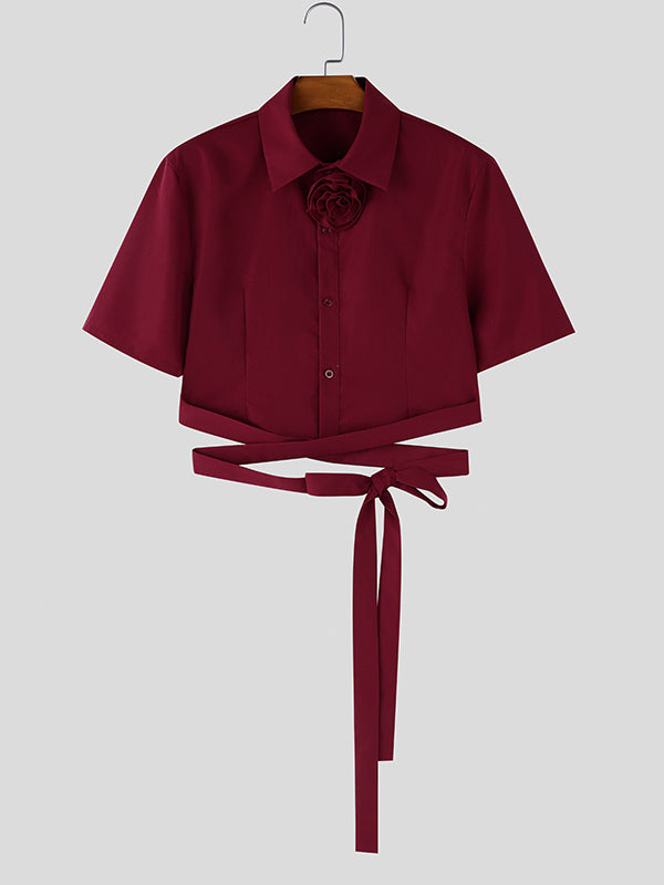 Men's Multi-Wrap Waist Tie Detail 3D Rose Collar Cropped Short Sleeve Shirt SKUL55290