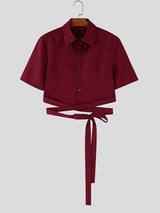 Men's Multi-Wrap Waist Tie Detail 3D Rose Collar Cropped Short Sleeve Shirt SKUL55290