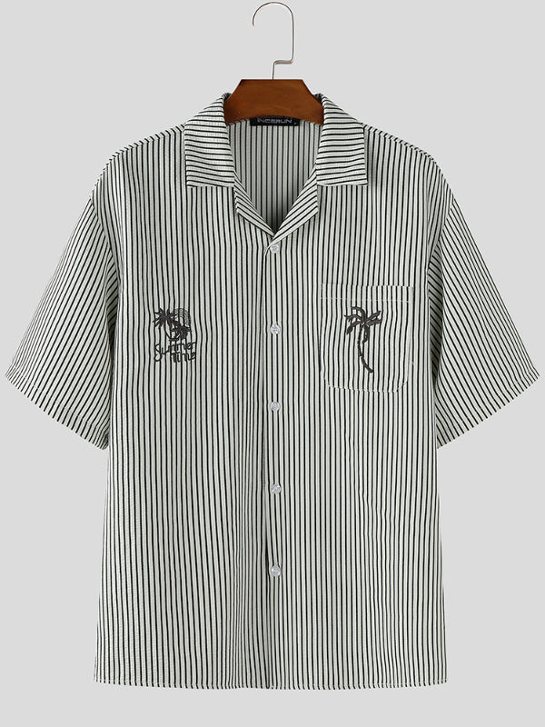 Men's Coconut Tree Embroidered Texture Short Sleeve Shirt SKUL15618