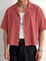 Men's Retro Plaid Boxy Cropped Camp Collar Short Sleeve Shirt SKUL75535